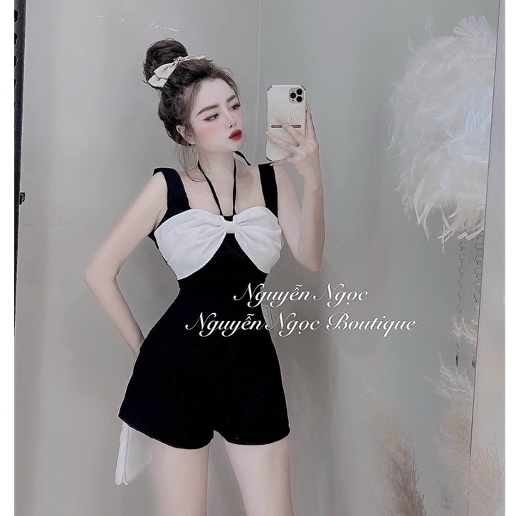 Đầm Jumpsuits nữ hai dây phối nơ trắng cột nơ cổ VIP86