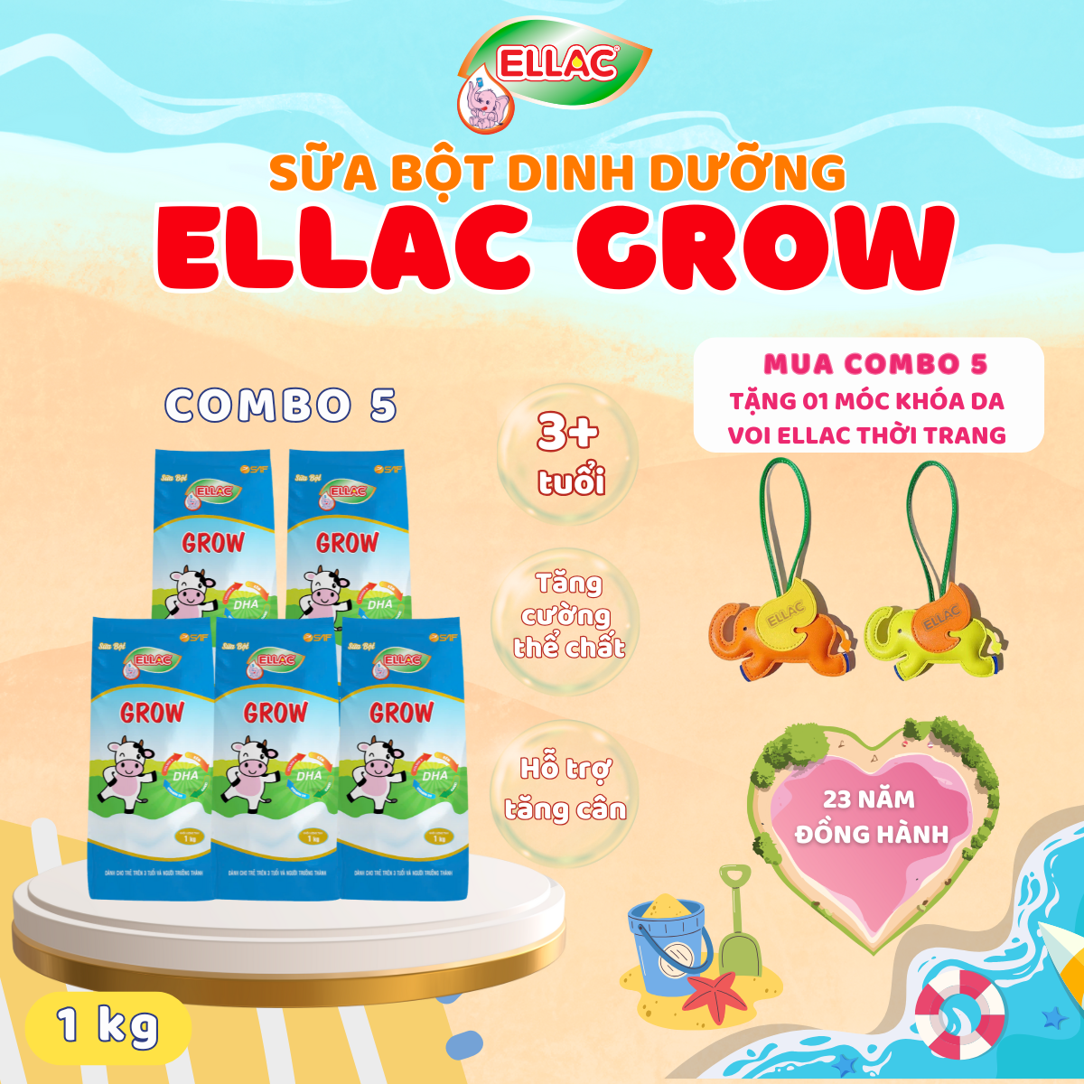 COMBO 5 TÚI SỮA BỘT DINH DƯỠNG ELLAC GROW - 1Kg/túi nhôm.