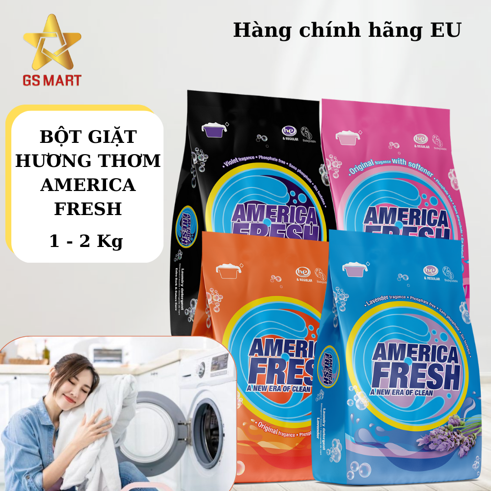 Bột giặt America Fresh 1kg, 2kgcủa Mỹ loại bỏ vết bẩn hiệu quả dành cho quần áo màu quần áo trắng