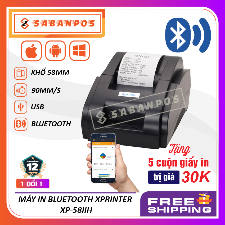 Máy in hóa đơn BLUETOOTH Xprinter 58IIH, khổ 58mm, siêu tiện lợi, TẶNG NGAY 5 CUỘN GIẤY IN TRỊ GIÁ 30K - SABANPOS