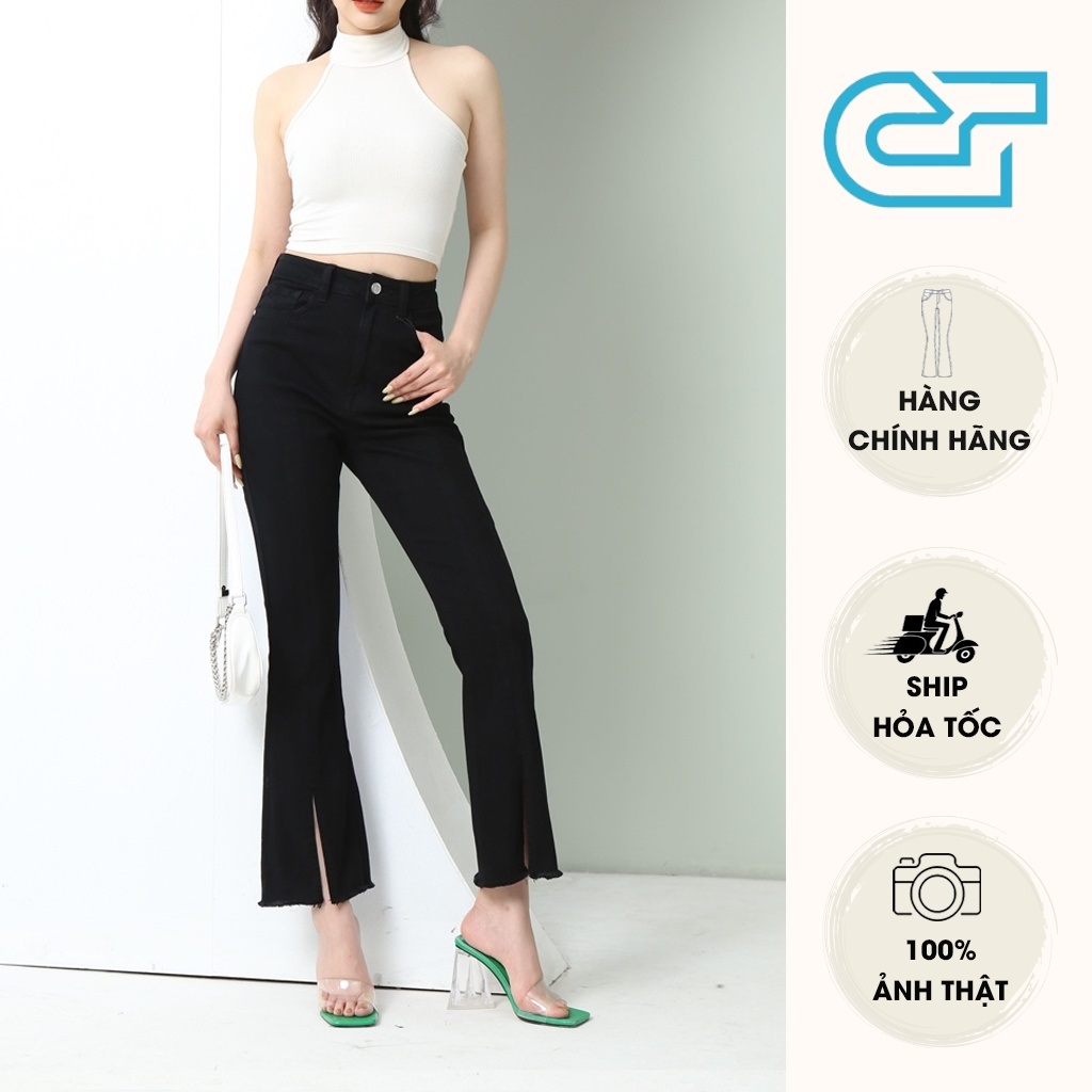 Quần jean ống loe cạp cao gấu xẻ giữa co giãn 4 chiều cp11, ct jeans