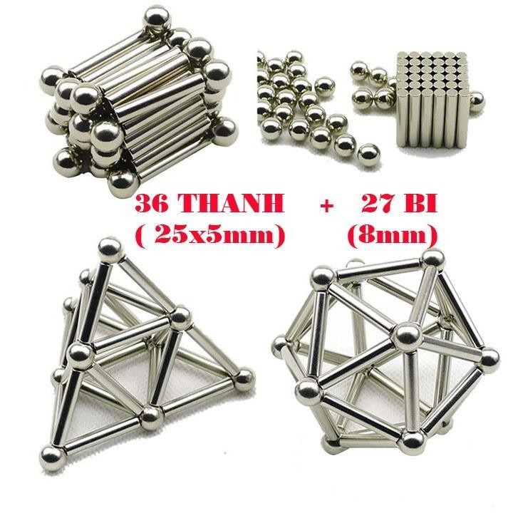 Bộ bi nam châm xếp hình, bộ đồ chơi xếp hình thông minh nam châm bucky bars 27 bi và 36 thanh