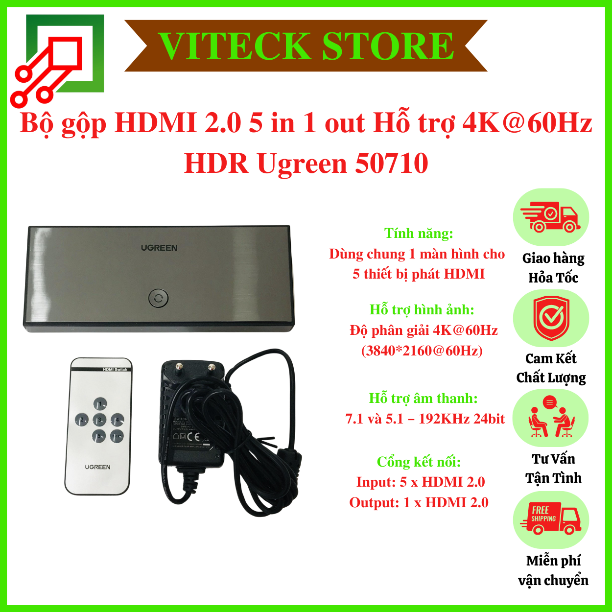 Bộ gộp HDMI 2.0 5 in 1 out Hỗ trợ 4K@60Hz HDR Ugreen 50710 Chính hãng