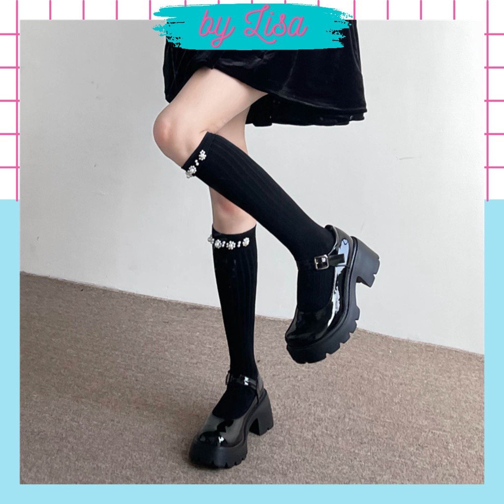 Tất vớ cổ cao đính đá phong cách Lolita đáng yêu tất bắp chân cotton siêu dày dặn