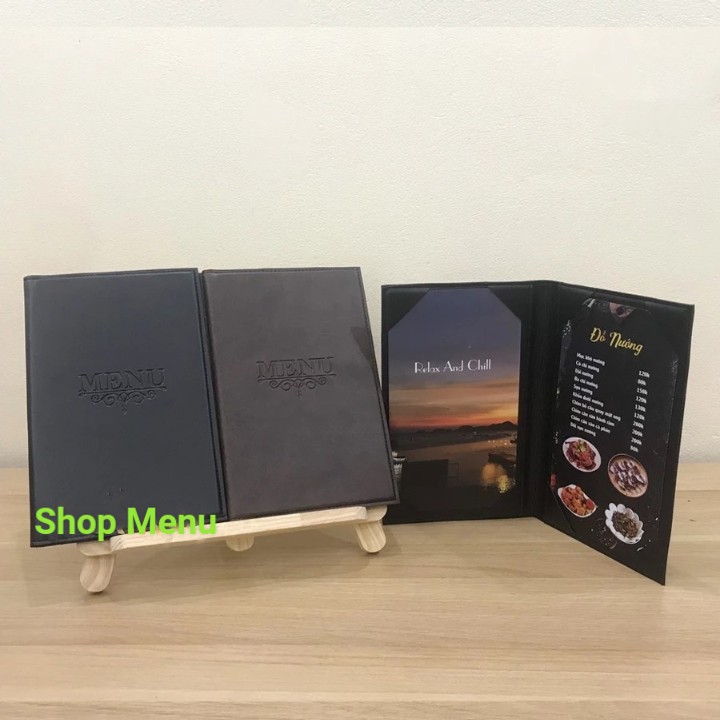 Sổ bìa da góc cài, menu da cao cấp gập đôi, sổ menu nhiều kích thước