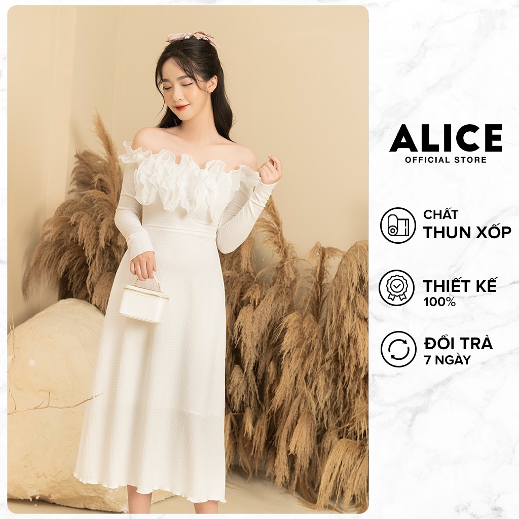 Váy Trễ Vai Bèo Ngực ALICE Chất Vải Thun Xốp Co Giãn, Thiết Kế Dáng Váy Suông Ôm Eo Thanh Lịch Tôn Dáng V768