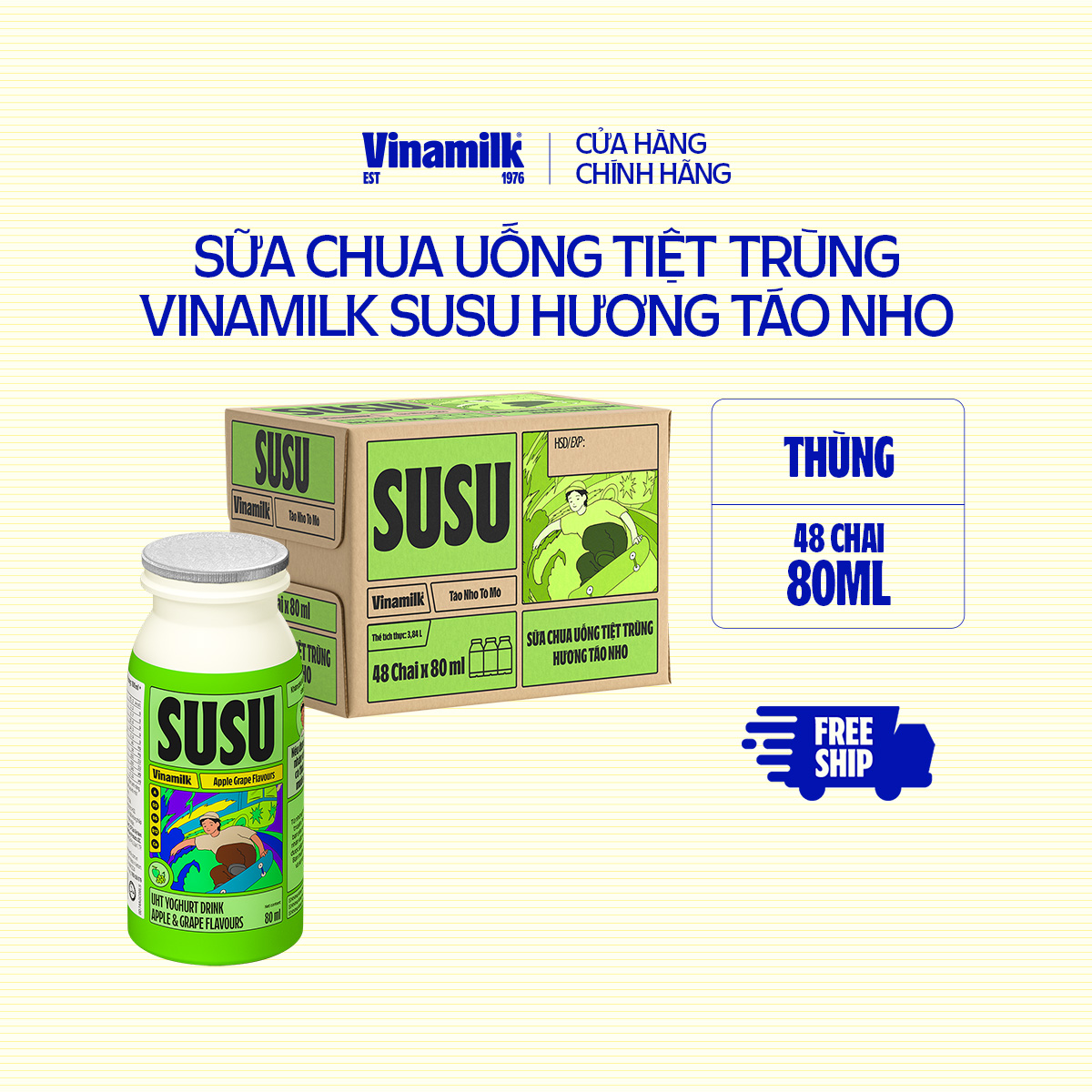 Thùng 48 chai 80ml Sữa Chua Uống Tiệt Trùng Vinamilk SuSu hương Táo Nho -