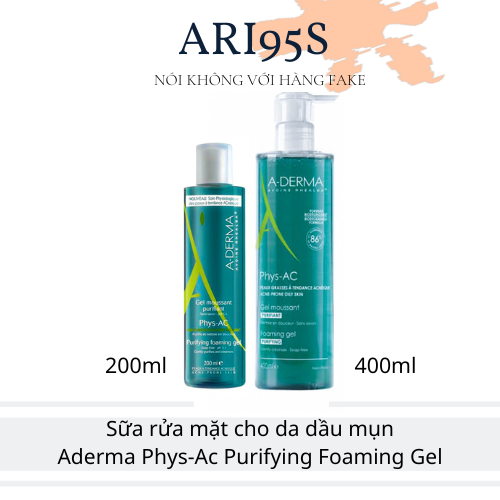 Sữa rửa mặt cho da dầu mụn nhạy cảm dạng gel Aderma Phys-Ac Purifying Foaming Gel