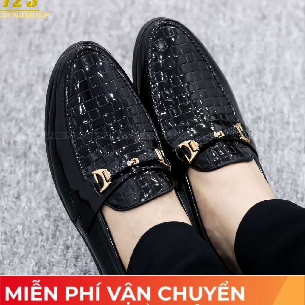 Giày lười nam da bóng - dập vân caro tinh tế - cao thêm 3cm + tặng lót khi mua giày.