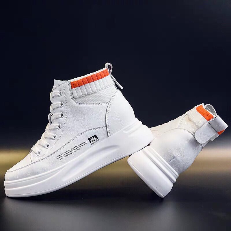 Giày cổ cao nữ độn đế cổ len chun kẻ cam mã A2