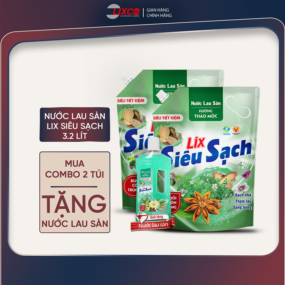 Combo 2 nước lau sàn siêu sạch hương thảo mộc 3,2L/ túi, nhà sáng bóng, thơm lâu Lixco Việt Nam, 2C-15202+15601