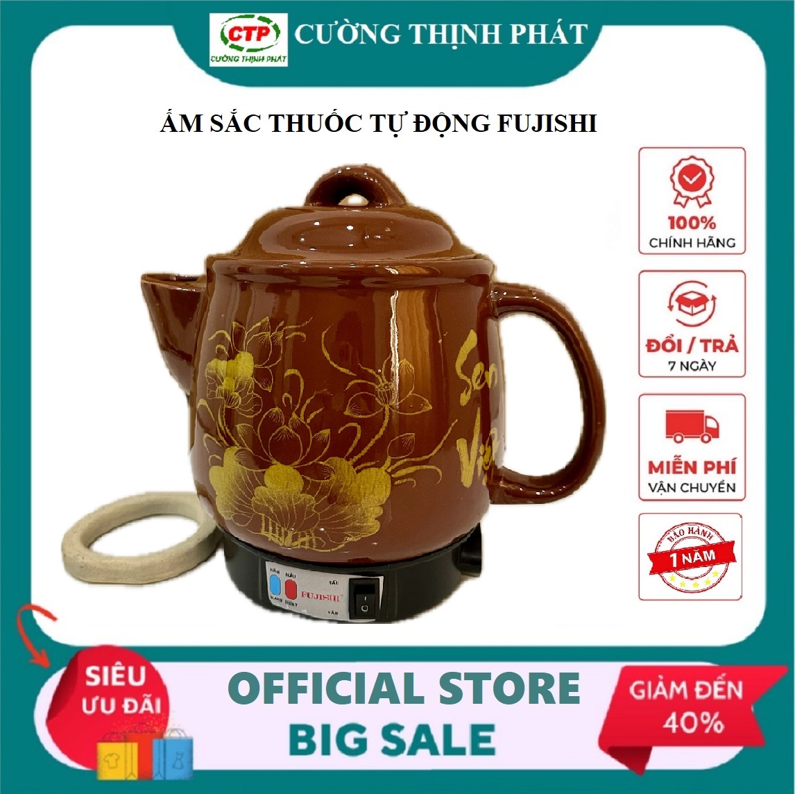 Âm sắc thuốc bằng điện, siêu thuốc bằng điện tự động, 3.2 lít fujijshi từ gốm sứ bát tràng.