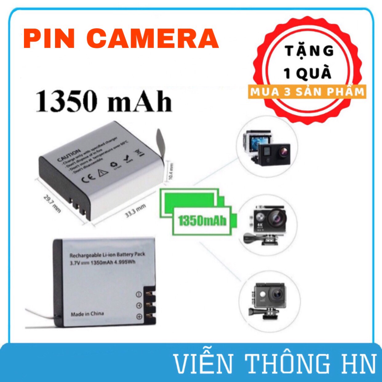 Pin 1350 mah camera hành trình sjcam 4000 eken soocoo amkov gopro camera 4k