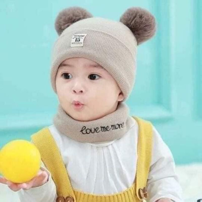 Set Mũ Len 2 Quả Bông Kèm Khăn Quàng Cổ Cho Bé từ 6-36 Tháng