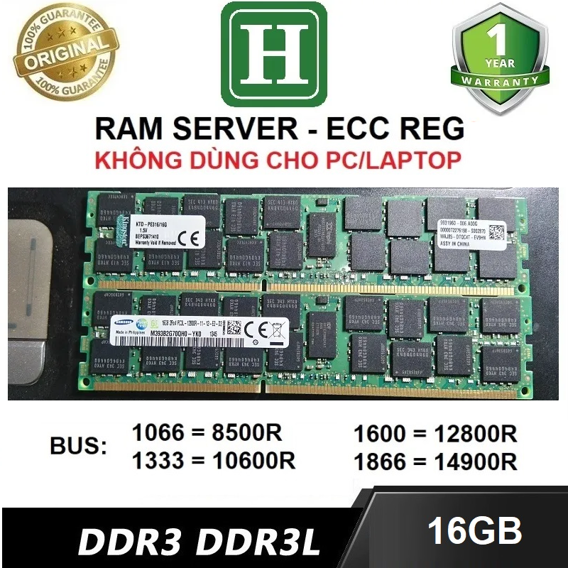 Ram server DDR3/DDR3L 16GB ECC REG bus 1600/12800R tháo máy bảo hành 1 năm không dùng cho máy bàn PC thường