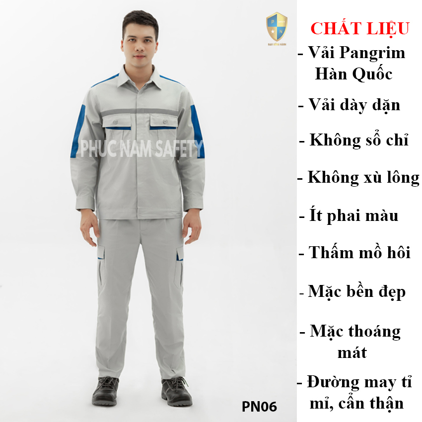 Quần áo bảo hộ vải Pangrim Hàn Quốc màu ghi đá xanh phối xanh dương PN07,bảo hộ lao đông, bao ho lao dong,quần áo bảo hộ, quần áo bảo hộ hàn quốc, quần áo công nhân, đồ bảo hộ lao động, quần áo bảo hộ cho kỹ sư