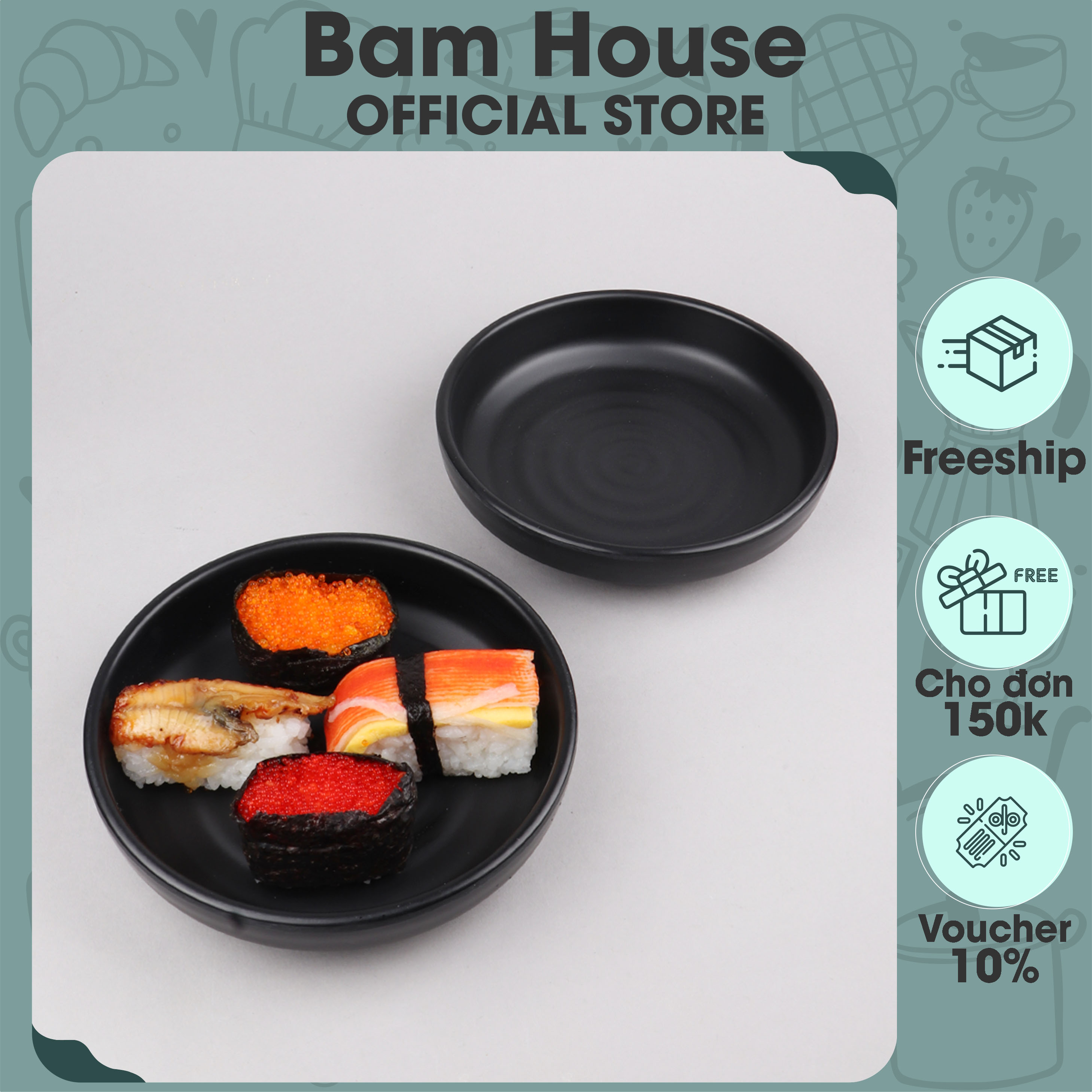 Dĩa tròn vành cao nhựa đen nhám Bam House chất liệu Melamine  cao cấp DGT01