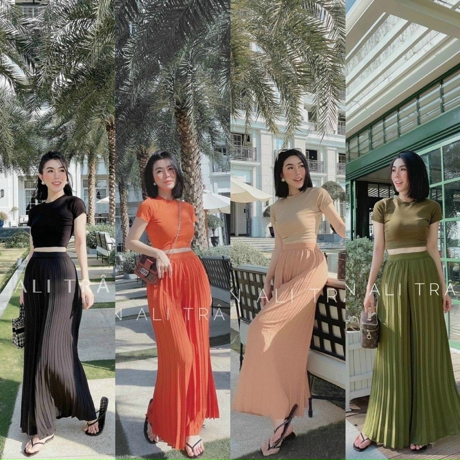 Sét bộ thời trang nữ mặc đi chơi chất thun cotton tay ngắn quần lụa dập ly ống rộng nhiều màu