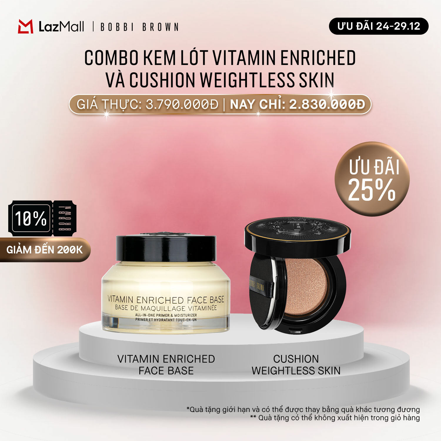   ƯU ĐÃI 24-29.12   Bobbi Brown - Bộ 2 món: Phấn nước Bobbi Brown Weightless Skin Cushion Foundation SPF 40 PA+++ Kem lót Bobbi Brown Vitamin Enriched Face Base 50ml 