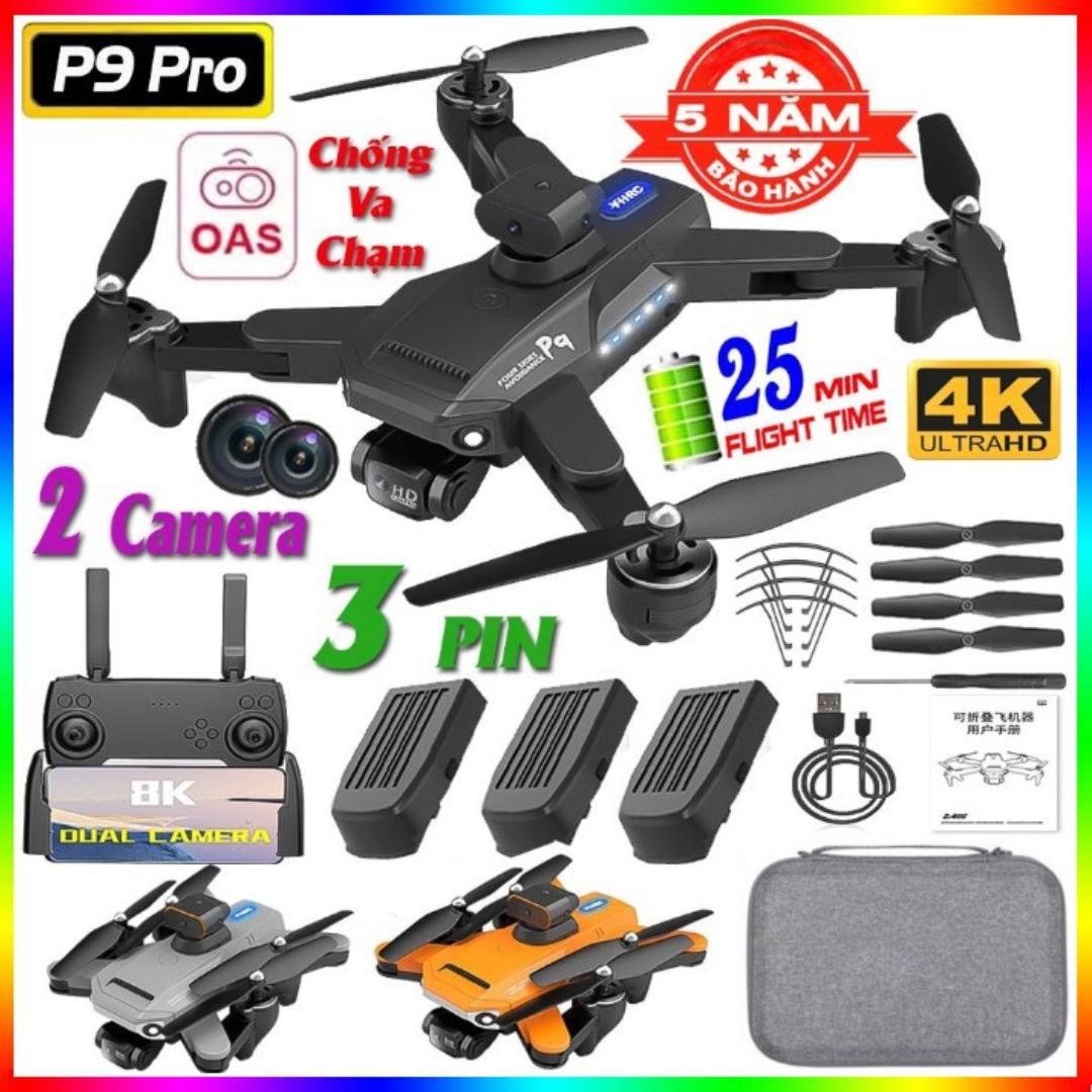 Máy Bay Flycam P9 Pro Max Drone Mini Cảm Biến Tránh Vật Cản - Lai Cam Điều Khiển Từ Xa - Playcam - Fly cam giá rẻ - Phờ lai cam - Fylicam - Flaycam - Play camera Chất hơn f11 pro 4k, Mavic 2 Pro, l900 pro, s70w, e58