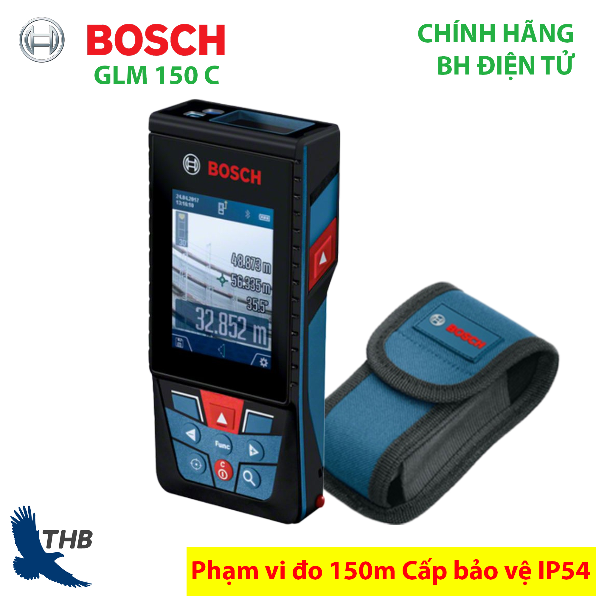 [Trả góp 0%] Máy đo khoảng cách xa Thước đo chiều dài Laser 150M Bosch GLM 150 C Màn hình màu 2.8" Xuất xứ Malaysia Bảo hành 12 tháng - kết nối Bluetooth