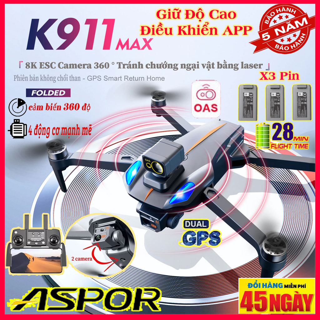 Máy Bay Không Người Lái Flycam K911 Pro Max Camera 4k Gimbal chống rungBay 30 Phút Tầm Xa 3000m Không Chổi Than G.P.S Tự Động Trở Về Cảm Biến Laser Chống Va Chạm