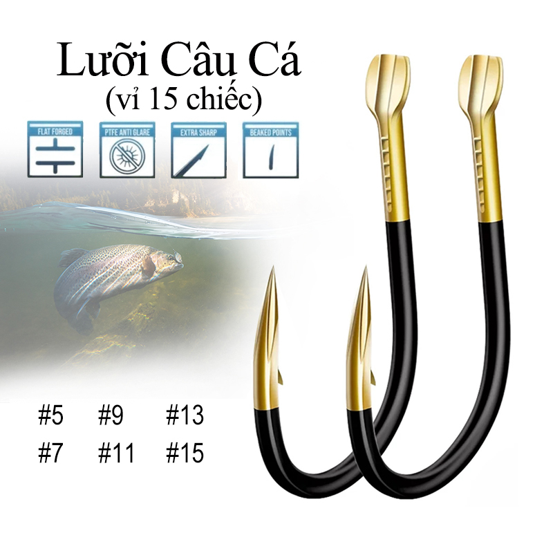 15 Cái Lưỡi câu cá CJ bằng thép carbon,lưỡi câu đơn lưỡi câu đài tháp vàng siêu bén,móc câu cá sắc bén