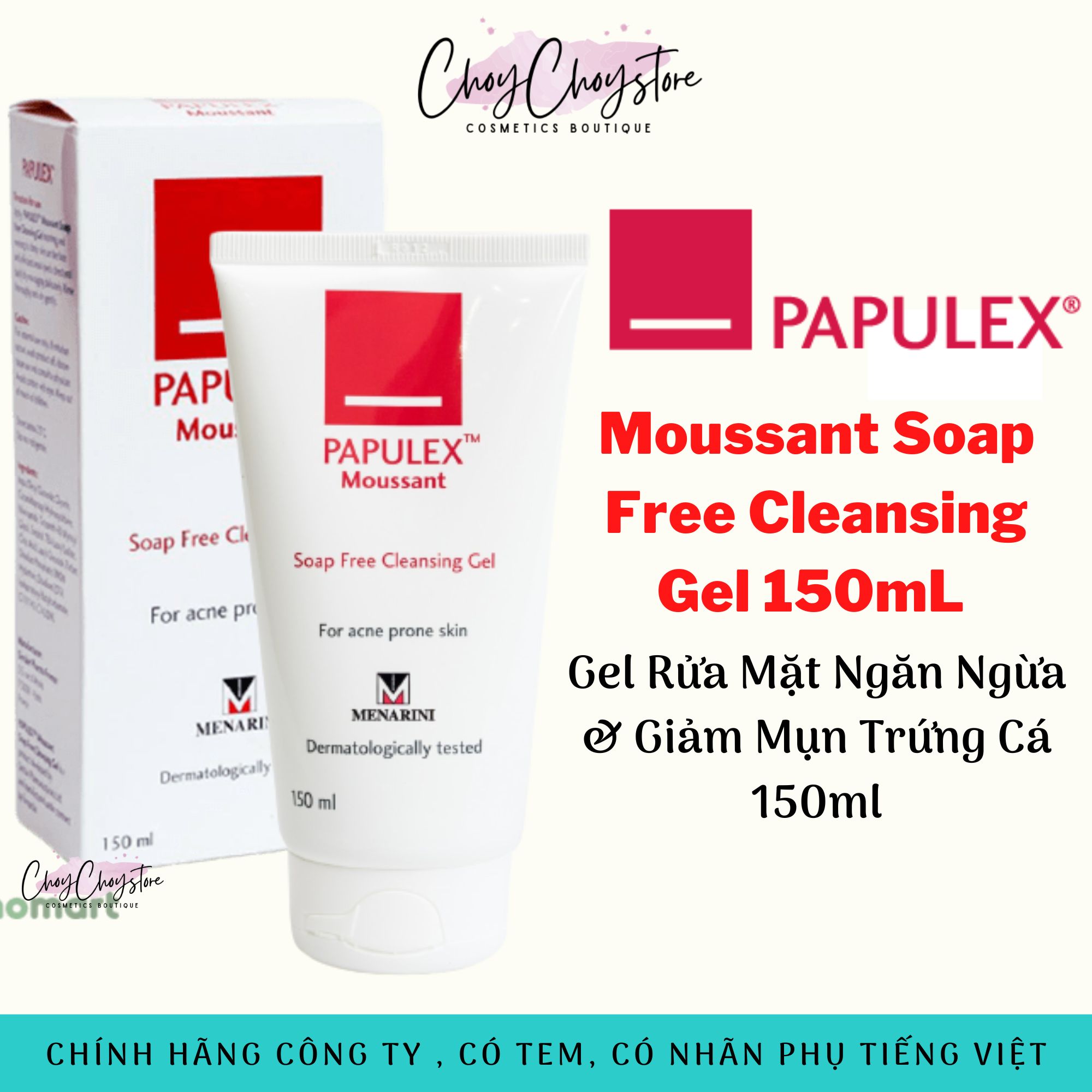 (HSD 03.26) Sữa Rửa Mặt PAPULEX Moussant Soap Free Cleansing Gel 150mL Giúp Ngăn Ngừa & Giảm Mụn Trứng Cá