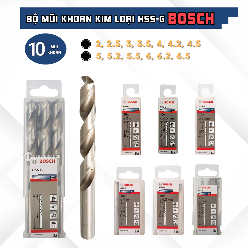 Mũi Khoan Sắt, Mũi Khoan Kim Loại Nhiều Kích Thước HSS-G DIN 338 Chính Hãng BOSCH, Mũi khoan xoắn chất liệu thép tốc độ cao