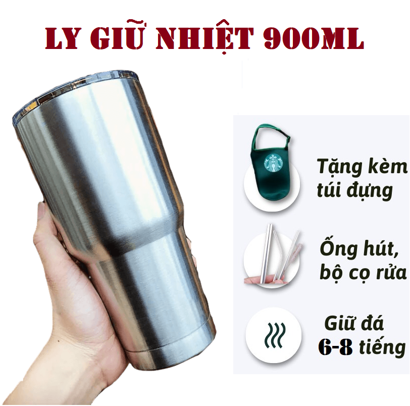 Ly Giữ Nhiệt Thái Lan 900ML, Kèm Bộ Ống Hút và Túi. Giữ Lạnh 8-12 Tiếng, Không Tươm Nước. Inox 304 Cao Cấp