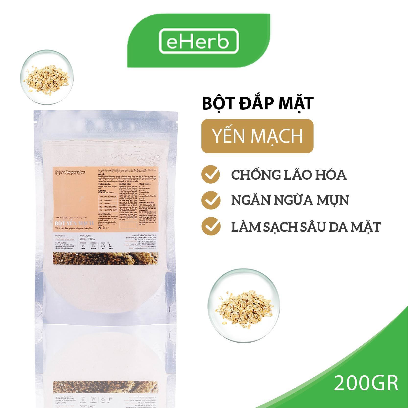 Bột Yến Mạch Nguyên Chất Đắp Mặt Nạ Chống Lão Hóa, Ngừa Mụn MILAGANICS 200g (Túi Zip) - eherb