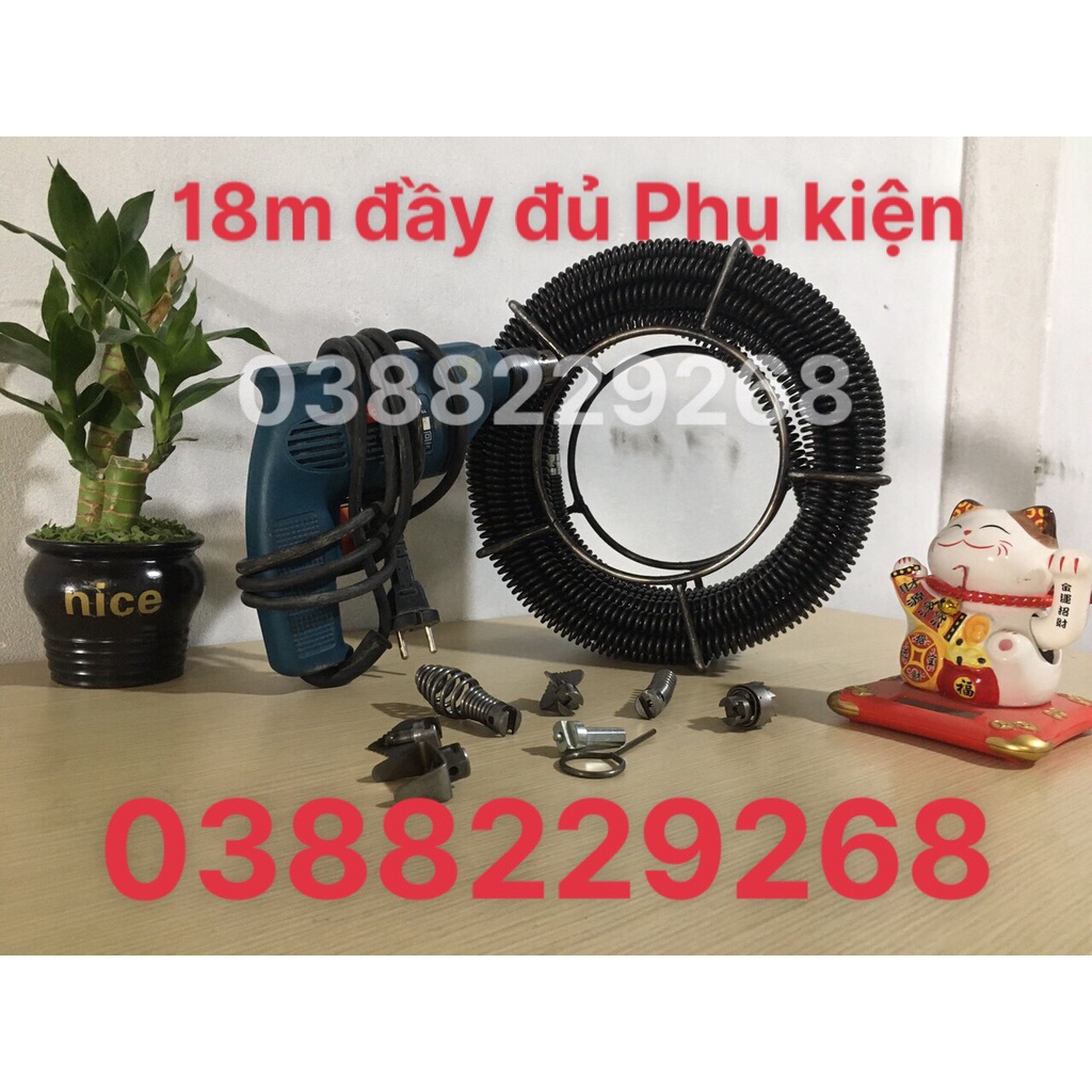 Dây thông cống 18m dây + 6 đầu thông + kết nối máy khoan ,dây thông cống, dây thông tắc vệ sinh,thông bồn cầu, dây lò xo