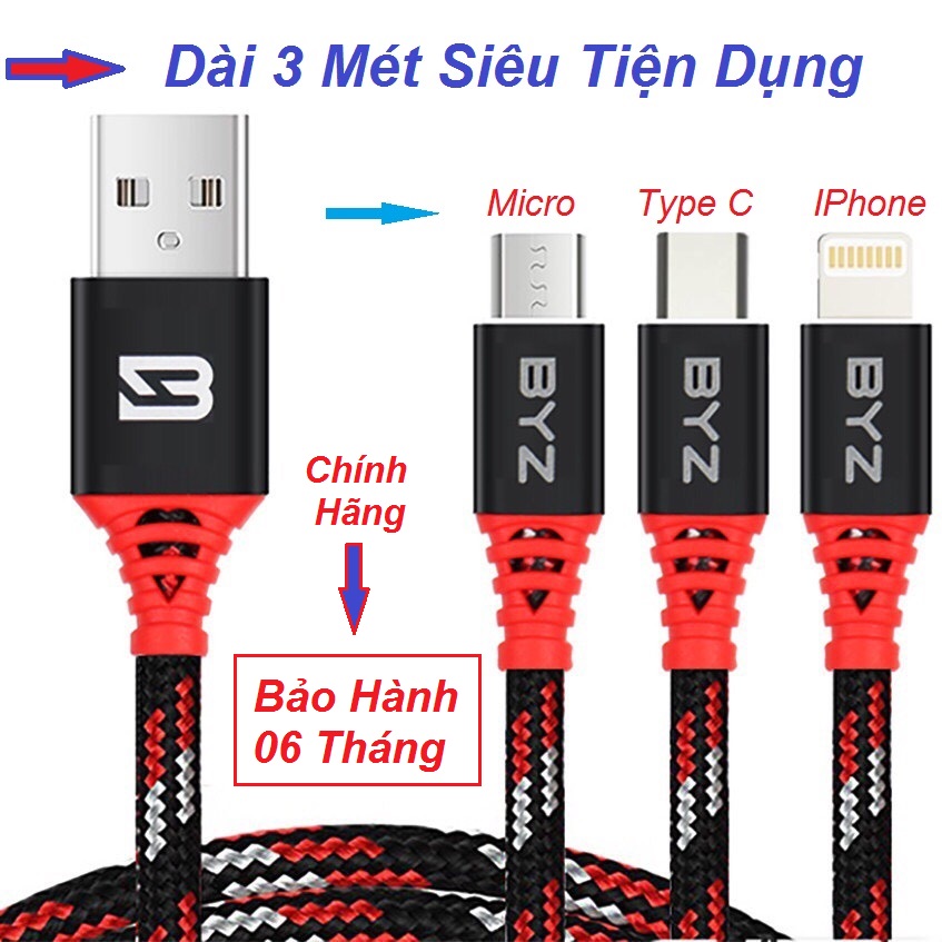 Cáp sạc byz dài 3 mét cho iphone, type c, samsung micro siêu bền, bảo hành 6 tháng