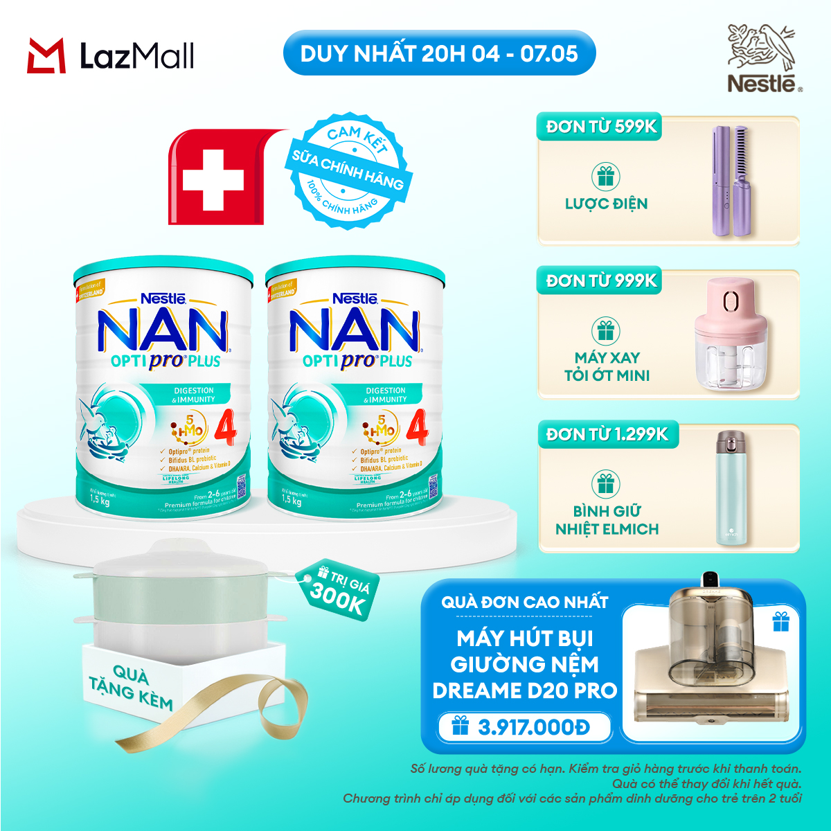 [CHỈ 20H 04-07.05 QT Đơn 599k/999k/1299k] [Tặng Xửng hấp] Bộ 2 Lon Sữa bột Nestlé NAN OPTIPRO PLUS 4 với 5HMO xuất xứ Thụy Sĩ  - Hộp 800g cho bé từ 2-6 tuổi - Sữa công thức dinh dưỡng cho trẻ giúp hỗ trợ tiêu hóa, đề kháng, trí não và phát triển toàn diện
