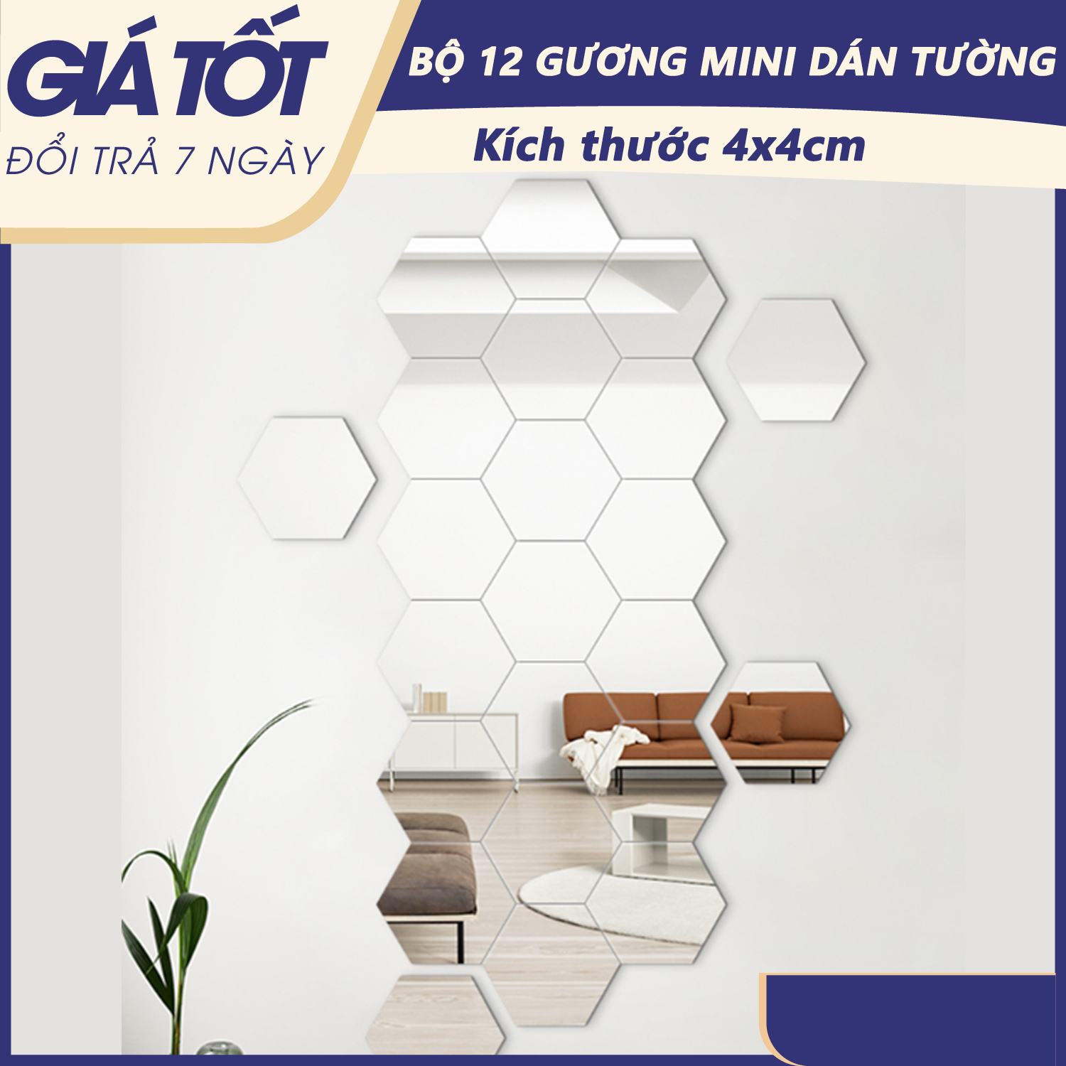 Bộ 12 gương dán tường - Gương dán tường,  kích cỡ 4cm x 4cm, gương dán tường trang trí phòng, gương trang trí, hình lục giác - Hỗ trợ đổi trả 7 ngày