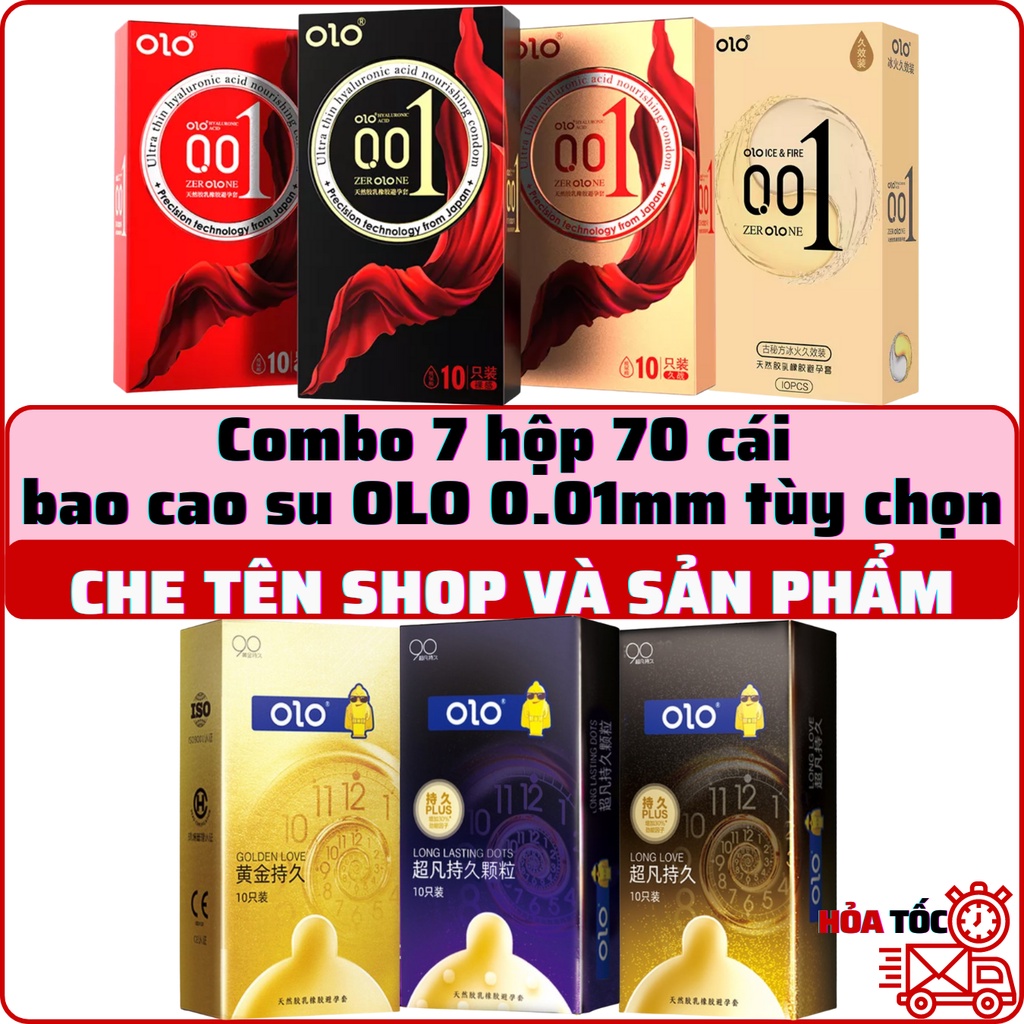 FREE SHIP. Combo 7 hộp bao cao su OLO 0.01mm 70 cái tùy chọn. siêu mỏng kéo dài thời gian gân gai khoái cảm lửa băng độc đáo