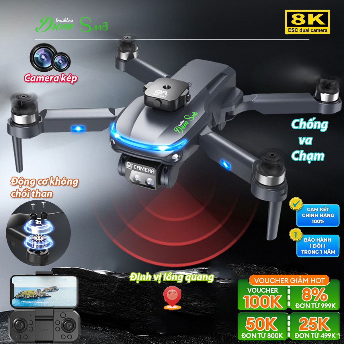 Flycam s118 pro tự tránh chướng ngại vật với camera kép 8K chống rung pin 3000mAh với động cơ không chổi than