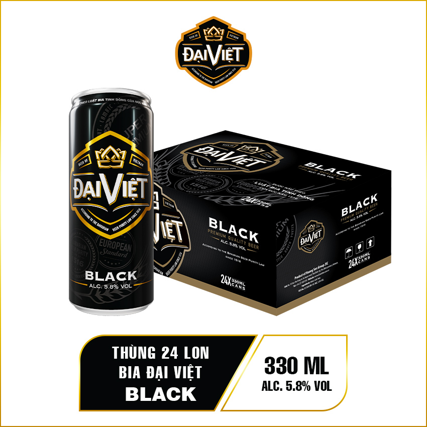 [Thùng 24 lon 330ml] Bia Đại Việt Black, bia đen, bia lon, sản xuất theo luật bia tinh dòng của bia Đức, không hóa chất, Bia Việt dành cho người Việt có gu