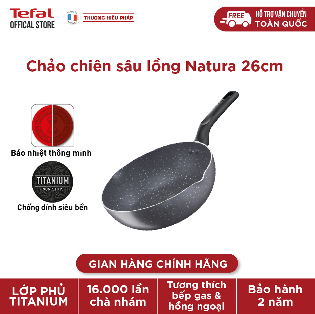 Chảo chiên sâu lòng chống dính Tefal Natura 26cm, dùng cho bếp gas và hồng ngoại, chính hãng bảo hành 2 năm