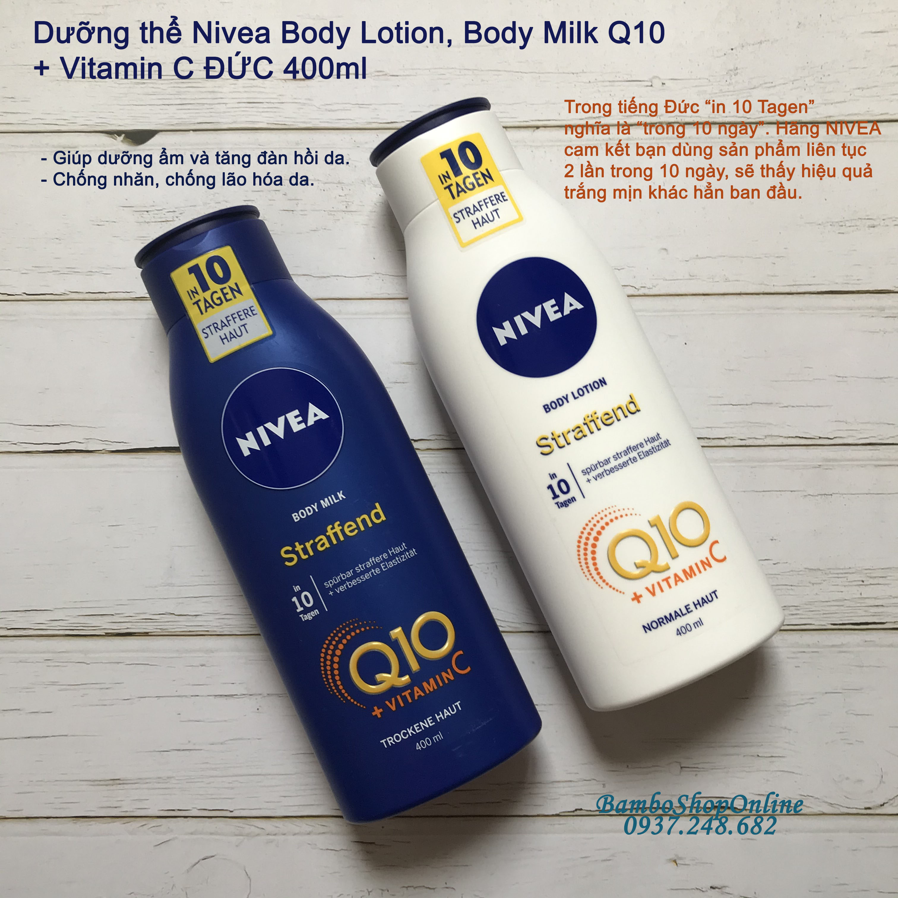 [HCM]Dưỡng thể Nivea Body Lotion Body Milk  Q10 + Vitamin C giúp dưỡng ẩm trắng da và tăng đàn hồi da - 400ml Hàng Đức xách tay