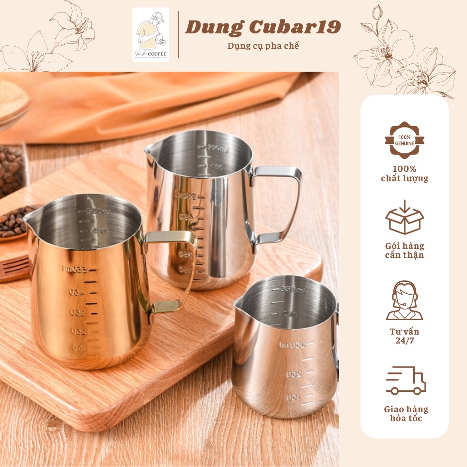 Ca inox đánh sữa có vạch chia 350ml, 550ml, 950ml cao cấp, dụng cụ pha chế thiết kế sang trọng