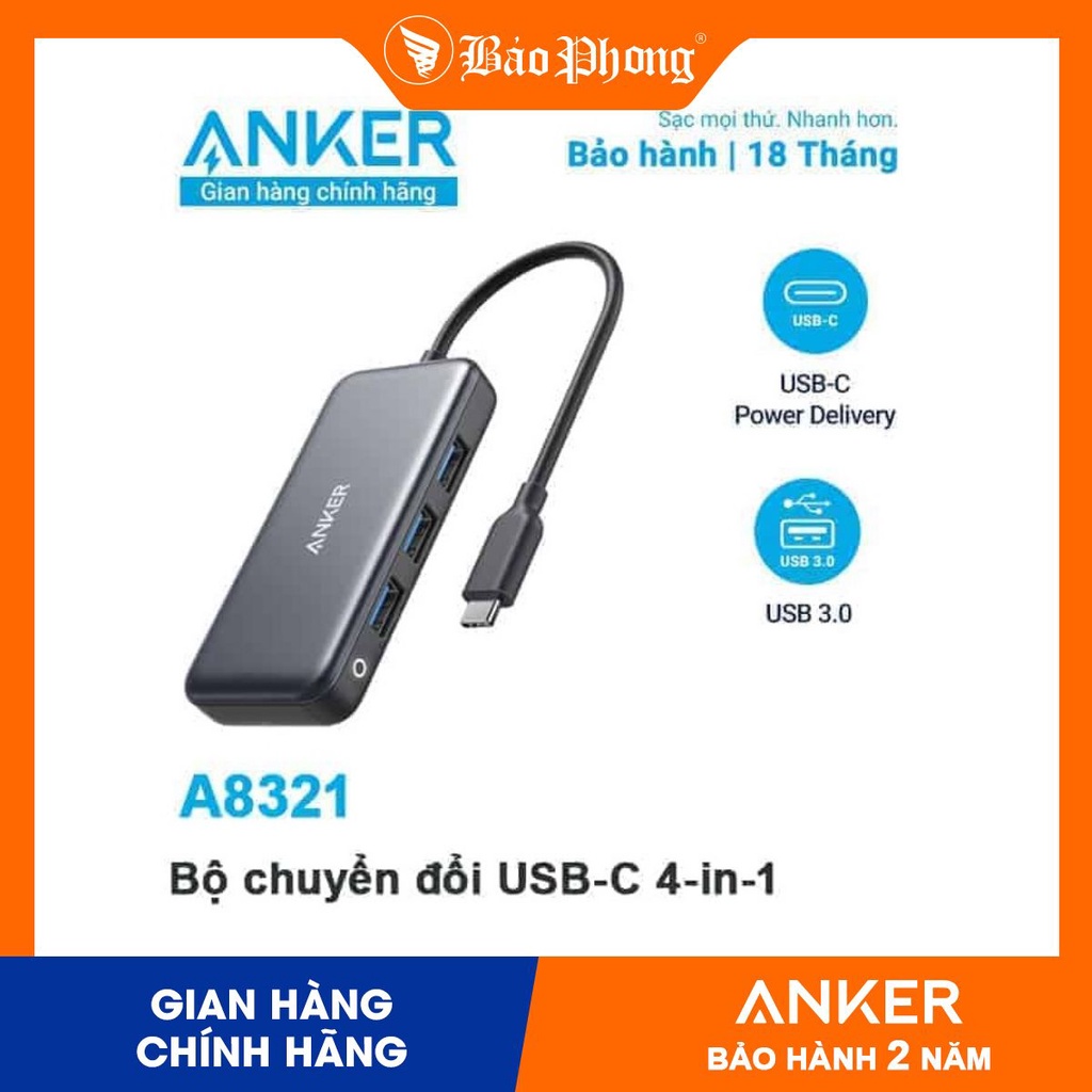 Bộ chia cổng usb anker a8321 4 in 1 hub + 3*usb 3.0 + 60w pd