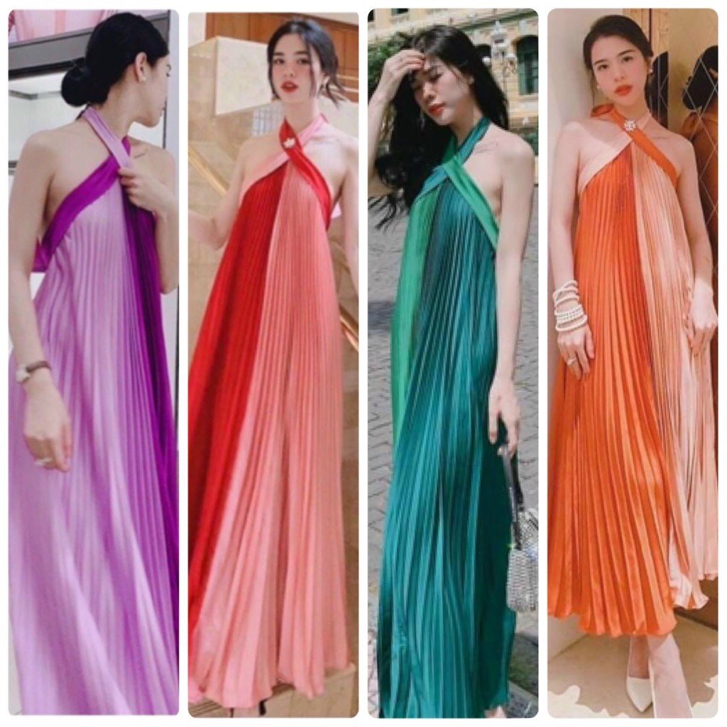 Đầm maxi dập ly đi biển dã ngoại cổ yếm phối màu xinh xắn