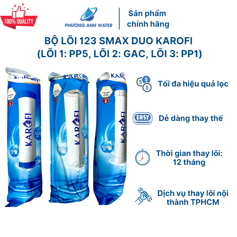 Bộ lõi lọc thô 123 SMAX Duo chính hãng Karofi, lõi CTO lọc cặn rỉ sét, lõi ION Exchange cho nước cứng