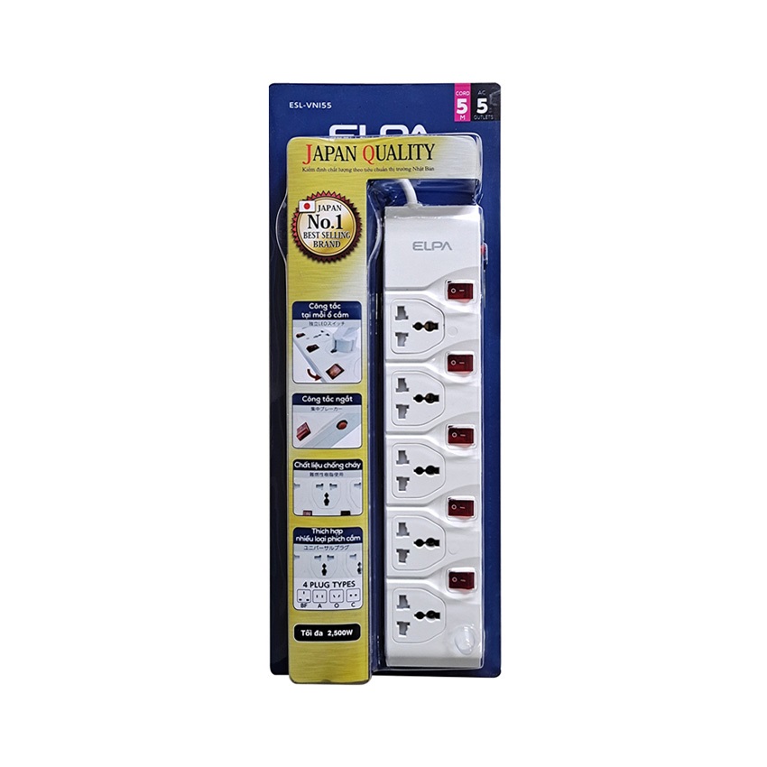 Ổ cắm điện 5 cổng elpa esu-vni43 tích hợp cổng 2 cổng sạc điện thoại usb 2.1