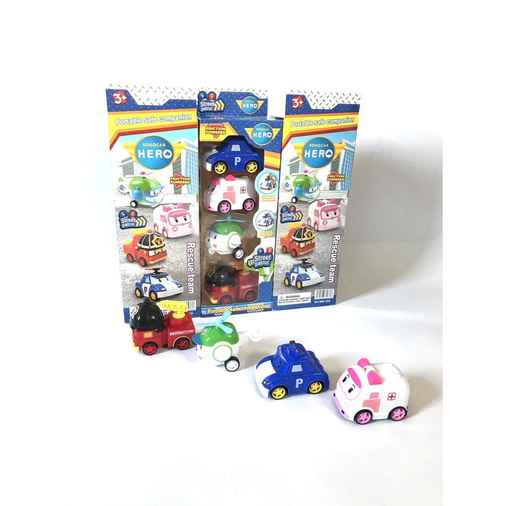 Đồ chơi bộ 4 xe ô tô đồ chơi Biệt đội Poli Robocar Poli / Amber/ Heli/ Roy đồ chơi chạy đà cho bé