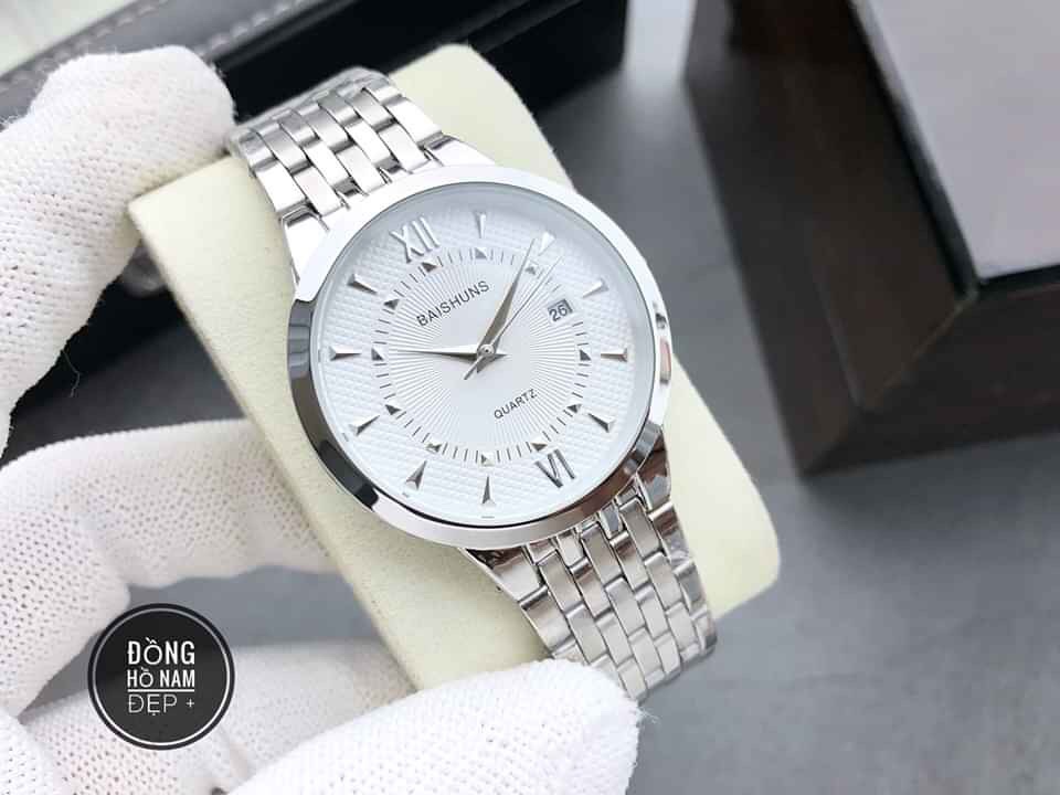đồng hồ nam baishuns dây bạc mặt trắng BS0003112 chống nước chống xước