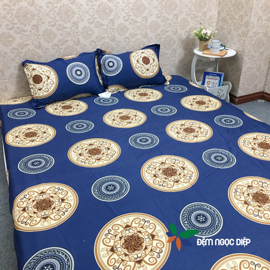 Bộ Ga Gối cotton poly mẫu Thổ Cẩm Xanh set gồm 3 món 1 ga (drap) trải giường kèm 2 vỏ gối nằm