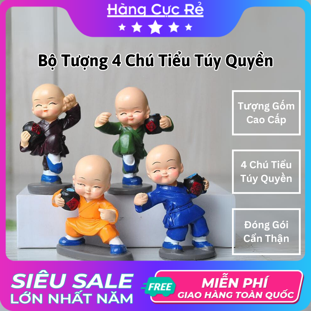 Bộ tượng trang trí 4 chú tiểu võ kèm bình, tượng trang trí phong thủy bàn làm việc, ô tô, tiểu cảnh 