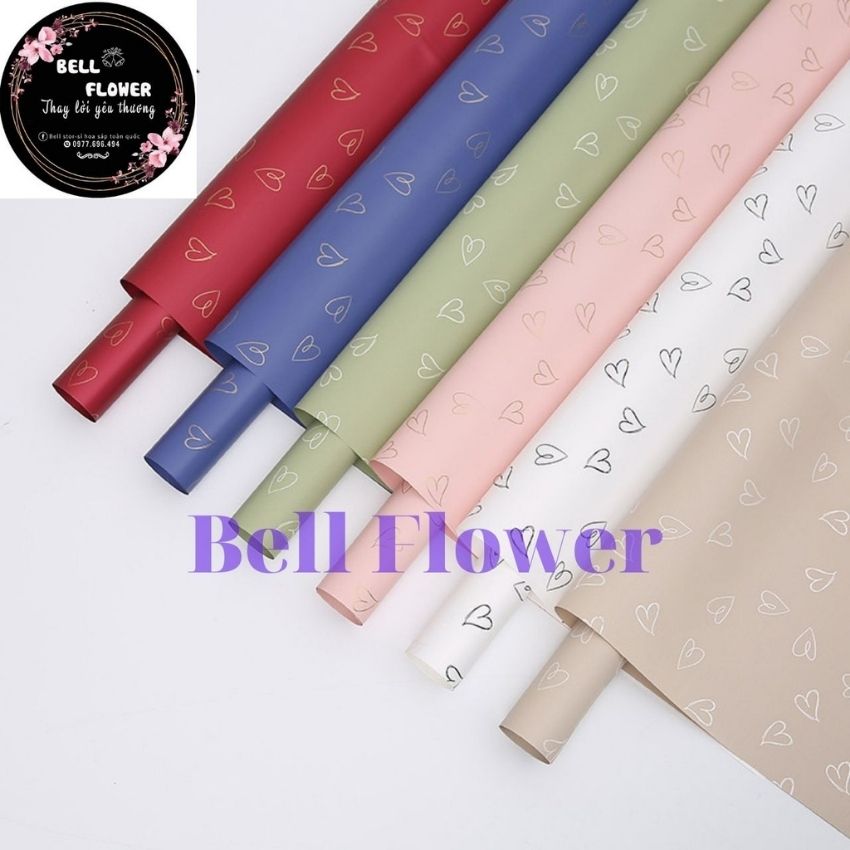 Xấp giấy gói hoa 2 mặt tim hàn quốc, giấy bó hoa in trái tim cao cấp bellflower, xấp 20 tờ, không thấm nước